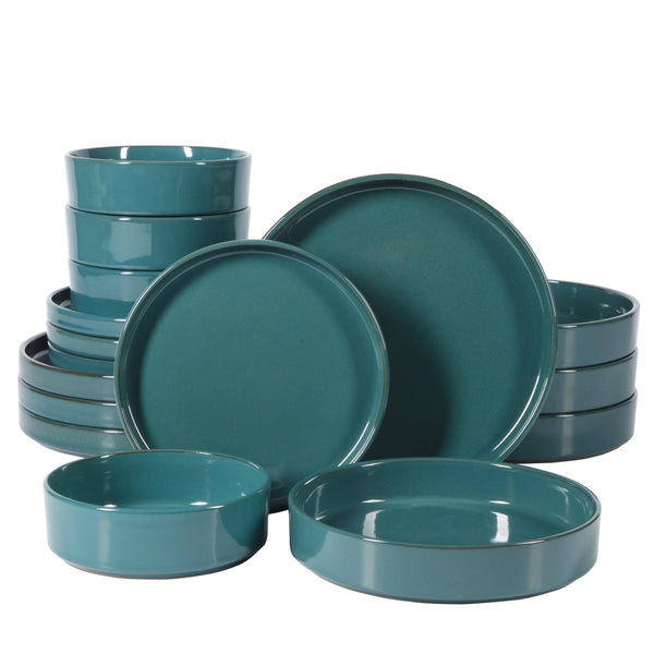 Bloomhouse Santorini Mist 16 Piece Double Bowl Terracotta Reactive Glaze Plates and Bowls Dinnerware Set